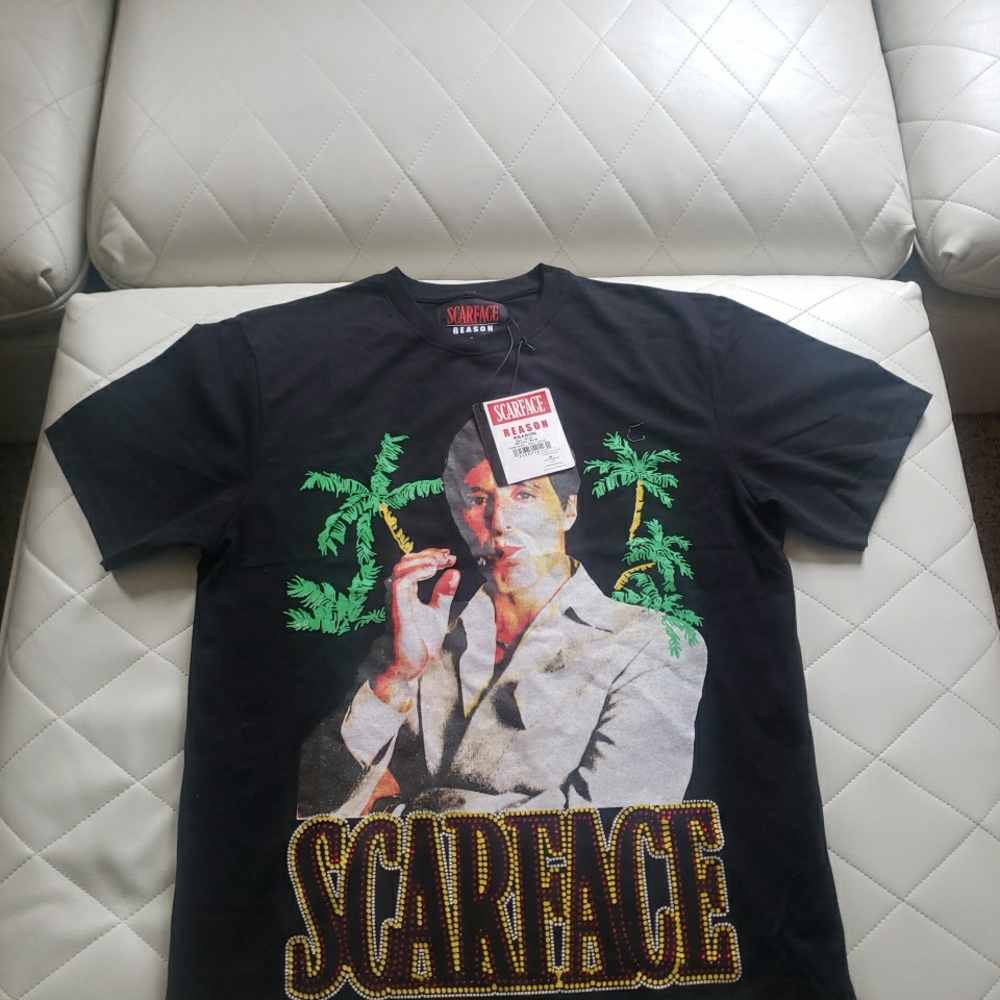 Men Reason Scarface Tony Montana Black T-Shirt With Red Studs Size Large